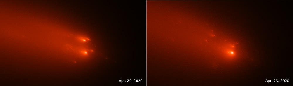 Este par de imágenes del Telescopio Espacial Hubble del cometa C/2019 Y4 (ATLAS), tomadas el 20 y el 23 de Abril de 2020, revelan la ruptura del núcleo sólido del cometa. Credits: Ciencia: NASA, ESA, Quanzhi Ye (UMD); Procesamiento de imágenes: Alyssa Pagan (STScI)