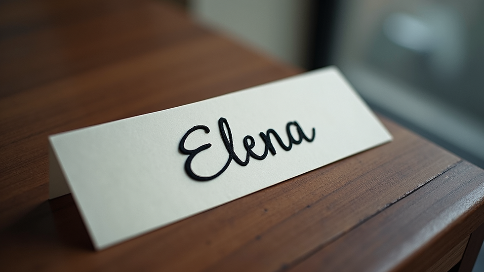 Close-up of a name tag with the name Elena written in elegant script