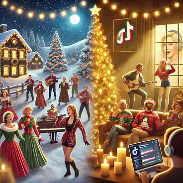 DALL·E 2024-12-19 22.50.58 - A festive scene showing a journey through Christmas music his