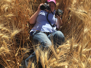 a woman lying in a wheat field with a camera