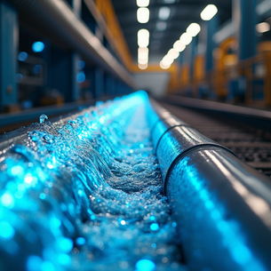 Flowing blue water stream combined with industrial pipes