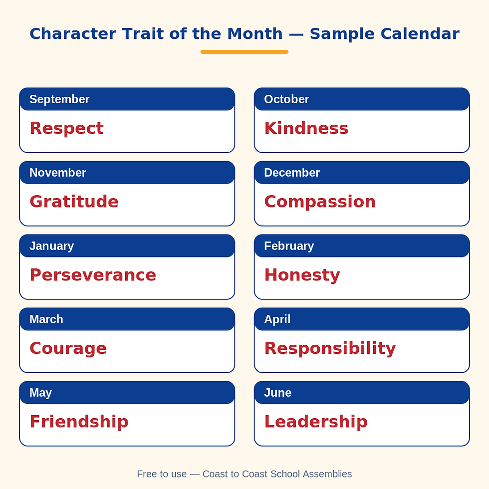 Sample 10-month character trait of the month calendar, September through June