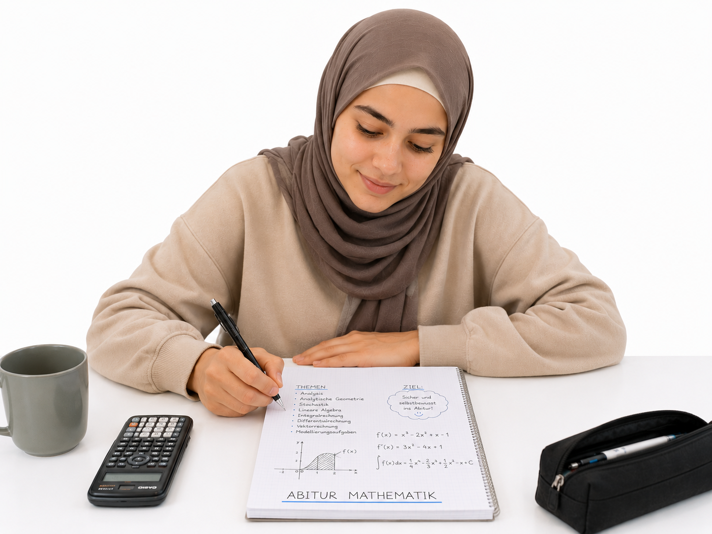 Ein Lehrer steht lächelnd vor einer grünen Tafel, die mit mathematischen Formeln und Zeichnungen gefüllt ist. Im Vordergrund ist der Rücken eines Schülers zu sehen.