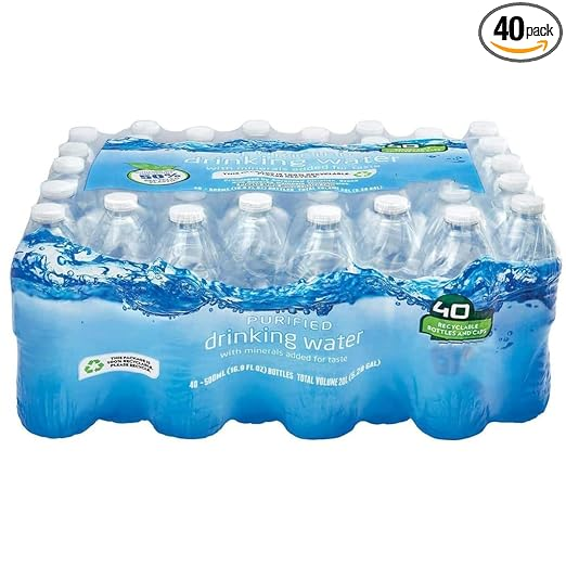 Paquete de 40 botellas de agua purificada en plástico azul, envueltas en film, sobre fondo blanco.