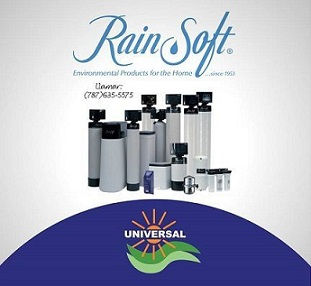 Anuncio de RainSoft con filtros de agua domésticos sobre fondo blanco y logo Universal en azul, verde y naranja.