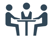Three people meeting at table icon