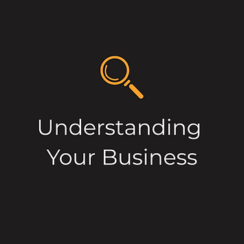 TCI Culinary graphic representing client discovery process with orange magnifying glass and 'Understanding Your Business' tex
