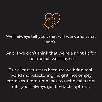 TCI Culinary values graphic focused on transparency, upfront manufacturing advice, and client trust through honest communicat