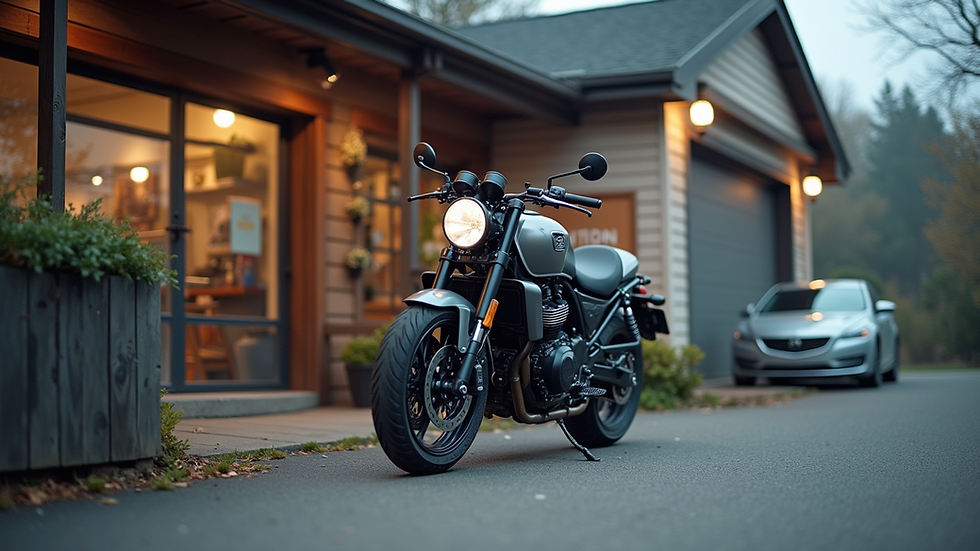 Eye-level view of a motorcycle parked outside a local garage