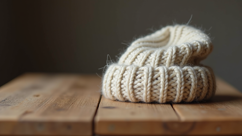 Eye-level view of a handmade merino wool beanie on a wooden table