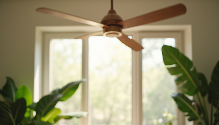 Eye-level view of a ceiling fan spinning in a bright tropical room
