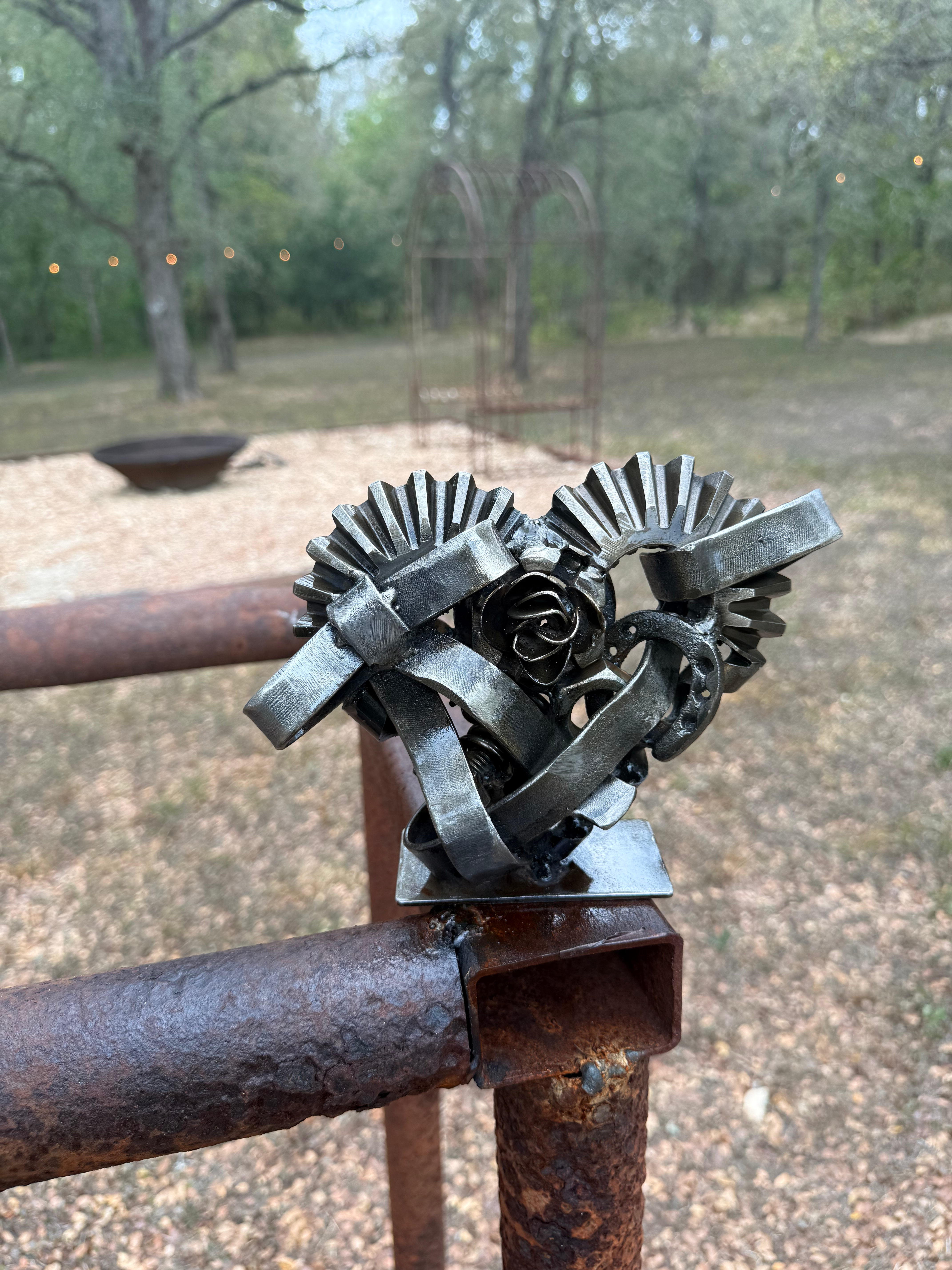 Welded Steel Bow and Ribbon Heart Sculpture – Upcycled Metal Art, Christian Gift
