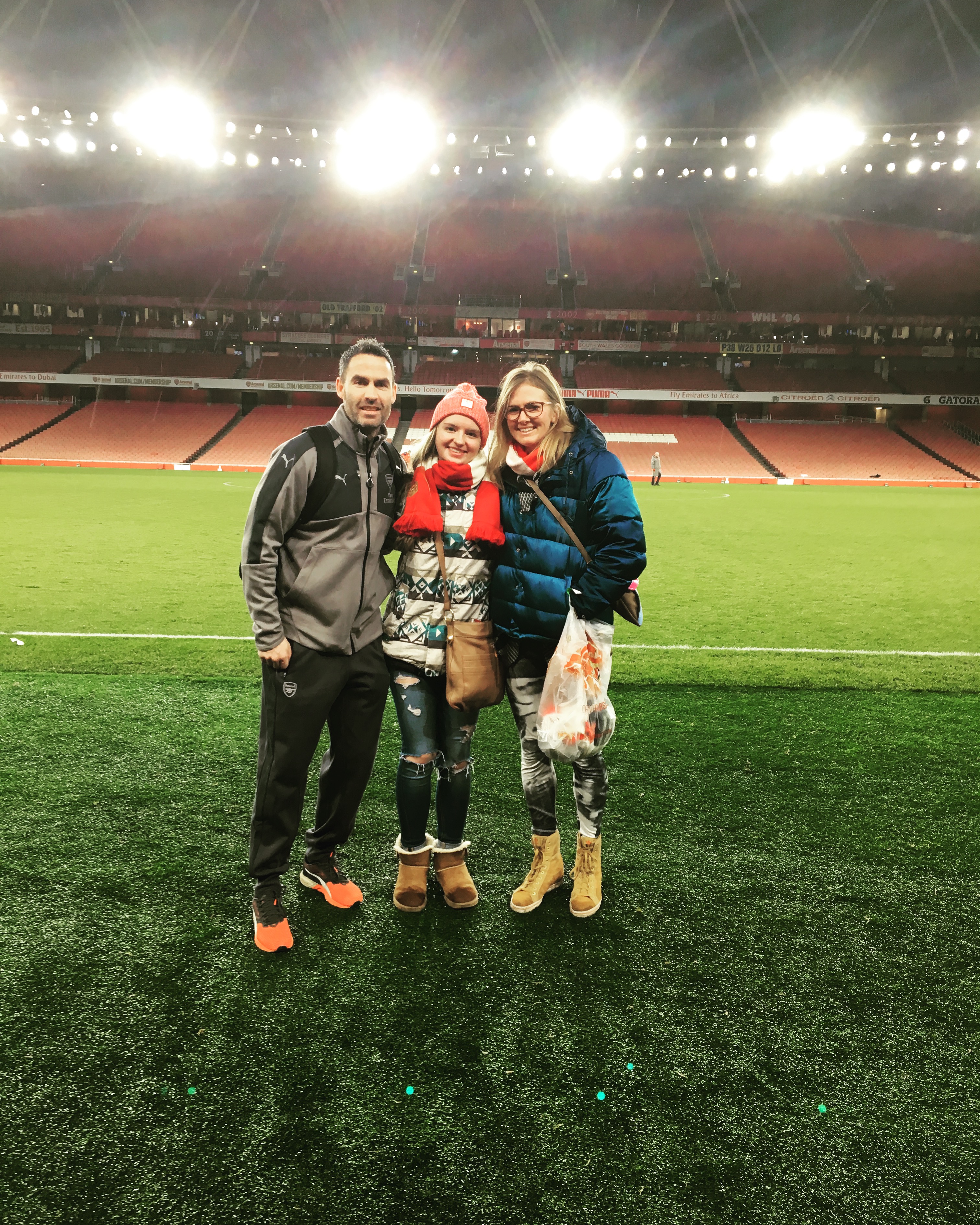 Shad, Leila, and I on the pitch of Emirates Stadium after a game