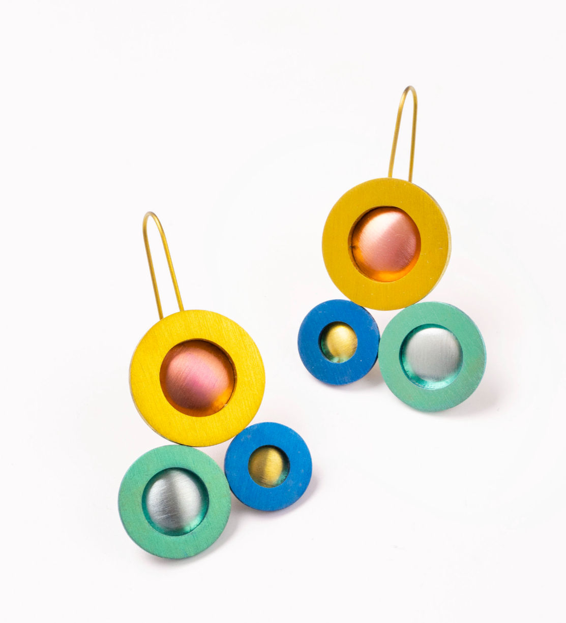 Anodised Titanium Earrings a Triptych of 3 Anodised Titanium washers with Anodised Titanium Discs in multiple colours