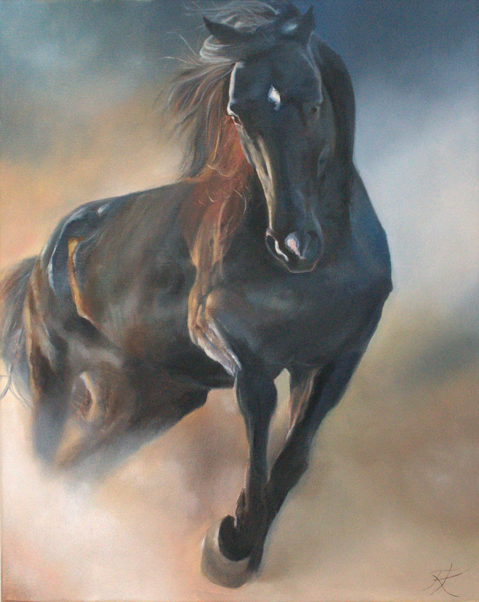 Ölgemälde eines galoppierendes dunklen Pferdes. Realistisch und kraftvoll mit aufgewirbeltem Staub vom Boden.