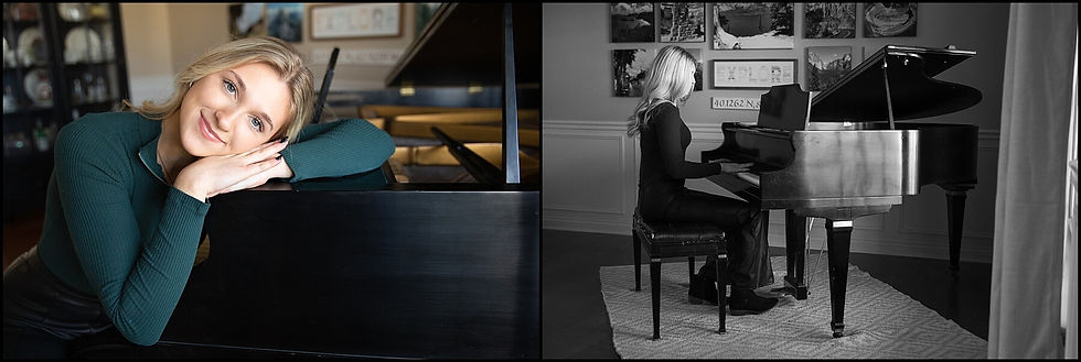 two photos of senior girl playing piano in her home