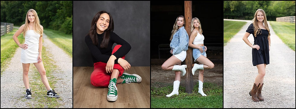 four senior photos of girls wearing favorite boots and sneakers as accessories to wear for senior photos