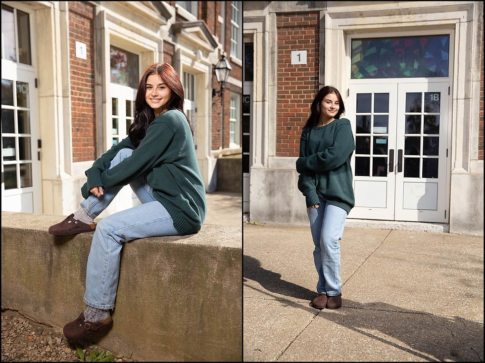 senior girl posing in front of her elementary school in westerville ohio