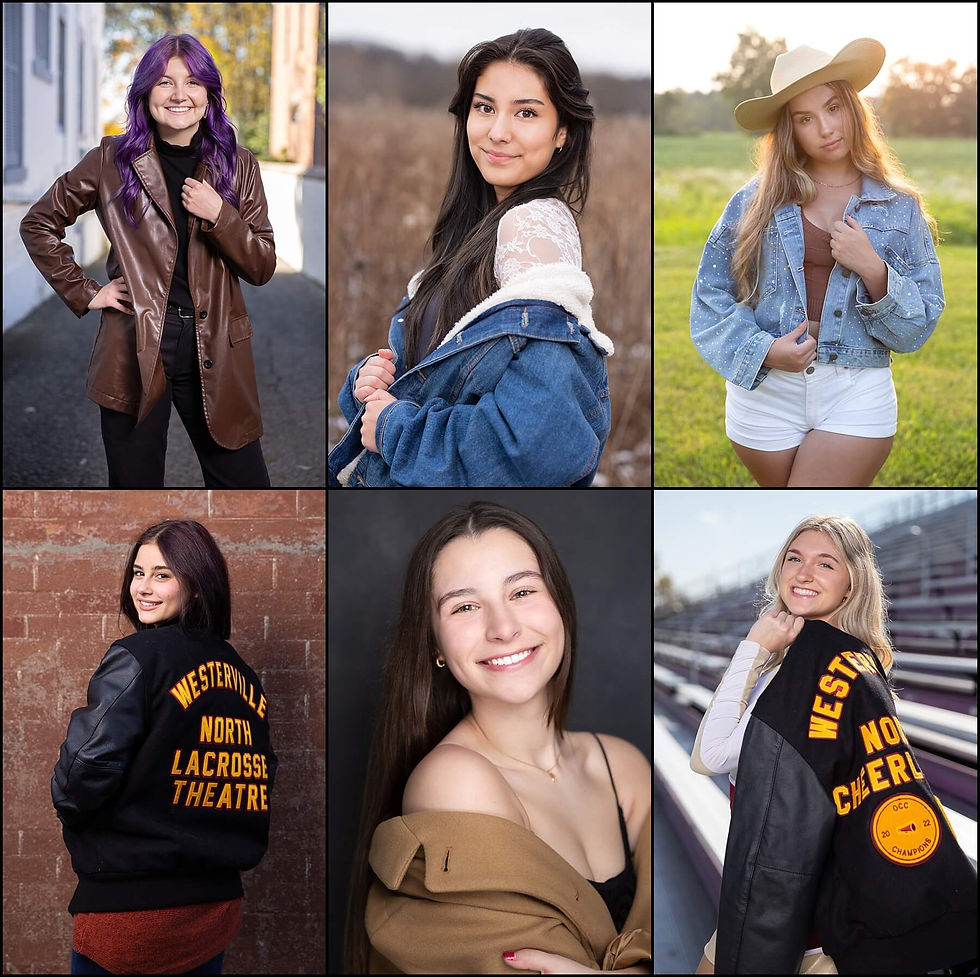 collage of columbus ohio seniors wearing jackets as accessories in senior photos