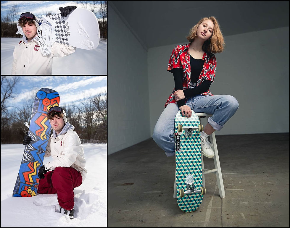 photos of high school senior guy with snowboard and high school senior girl with her skateboard