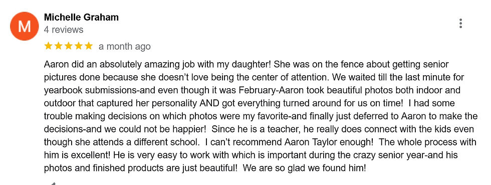 Google review of senior photos taken by Aaron Taylor Photo of Columbus, Ohio
