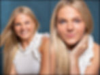 two high school senior photo portraits of blonde girl with white sleeveless top in front of blue studio backdrop