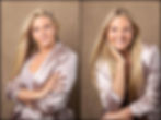 two headshot photos of a high school senior girl with blonde hair wearing pink blazer for intentional senior photos