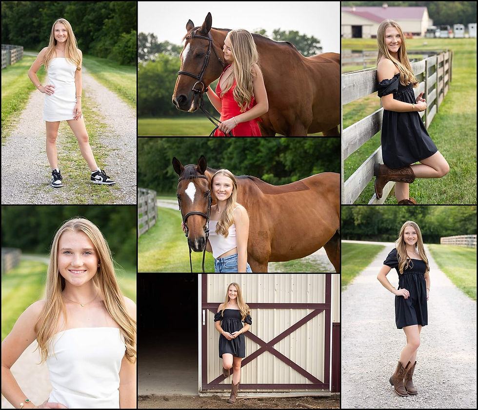 collage of photos of granville high school senior girl on farm with her horse