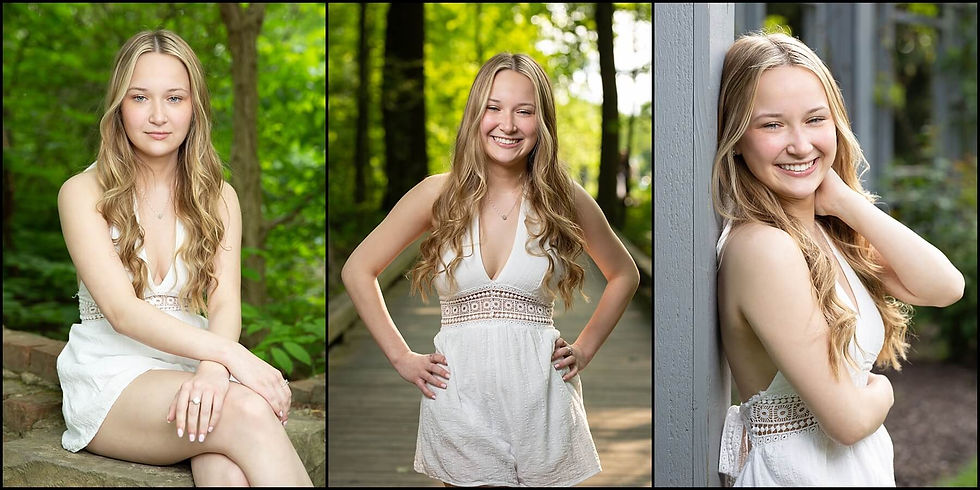 quick senior photos of westerville north senior girl wearing white sun dress at Innis Woods Metro Park
