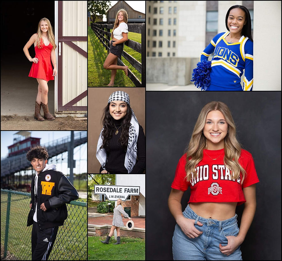 collage of senior photos that showcase different accessories to bring to senior photo shoot