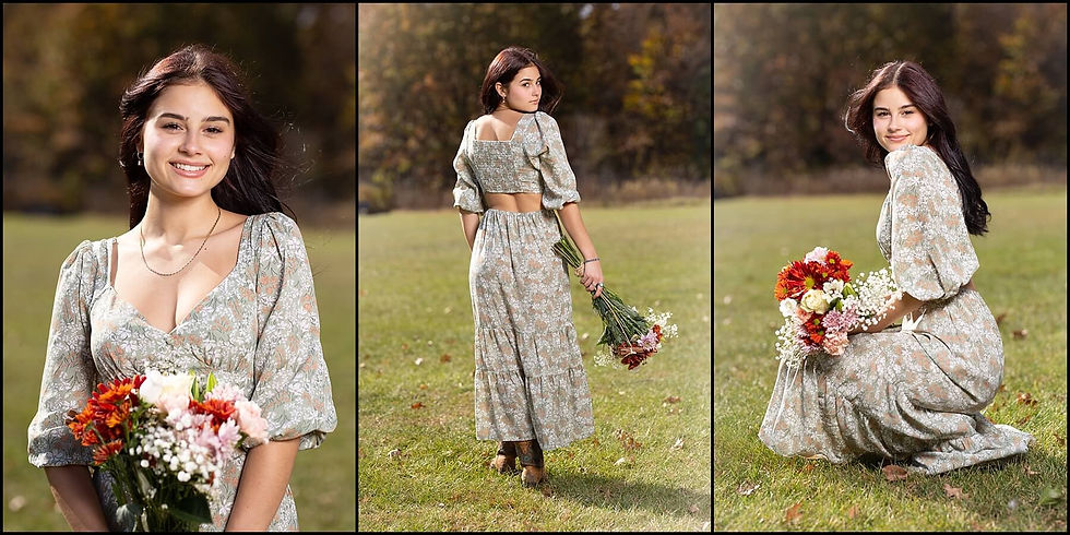 photos of senior girl wearing dress holding bouquet of fake flowers for senior photos