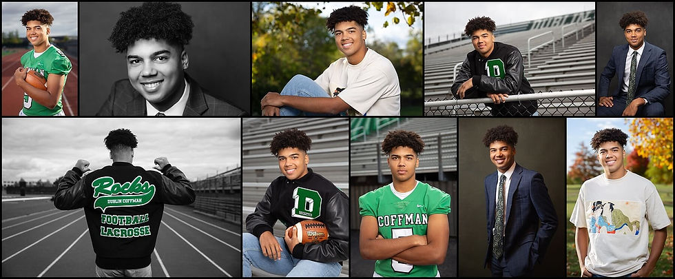 collage of high school senior photos of guy at Dublin Coffman High School and Coffman Park in Dublin Ohio
