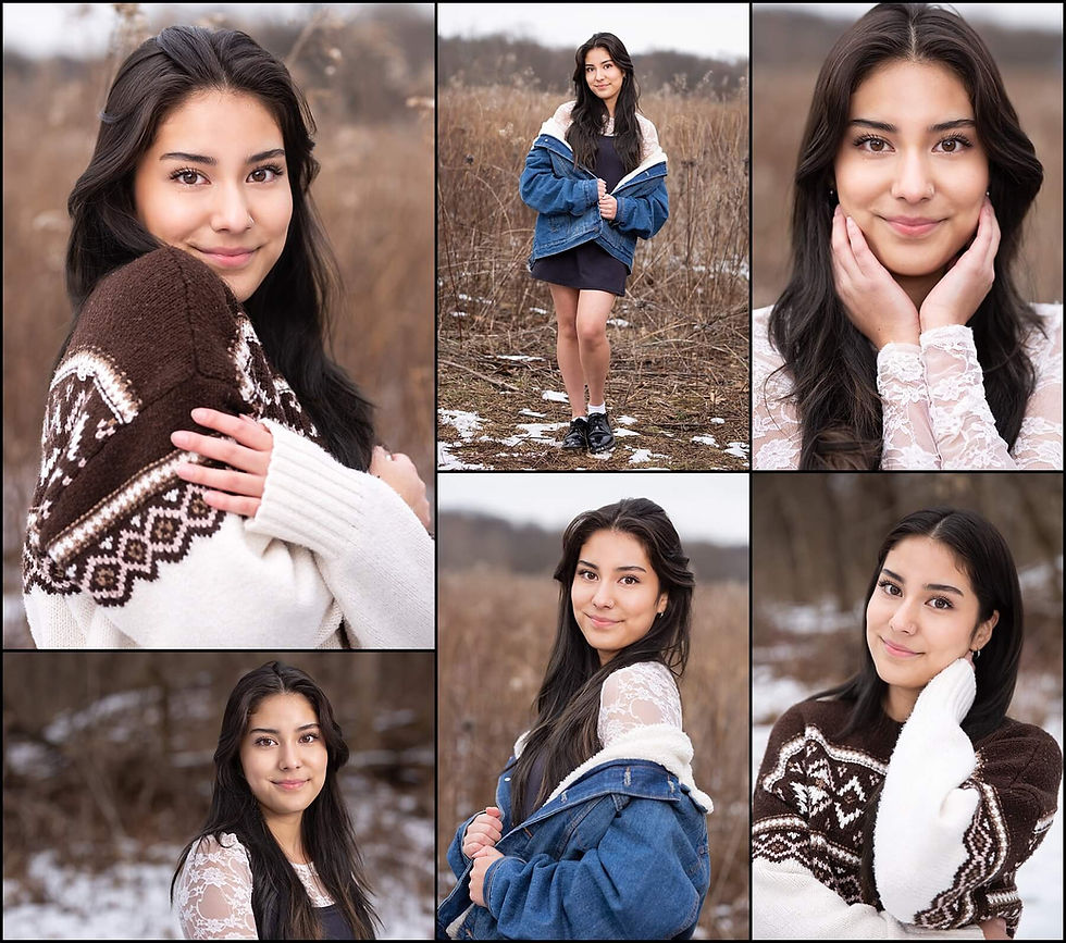 collage of photos of winter senior photos of girl taken at Highbanks Metro Park in snow