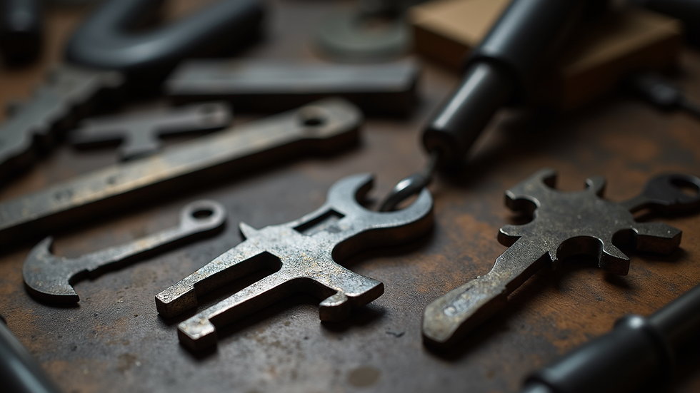 Close-up view of a locksmith's tools on a workbench