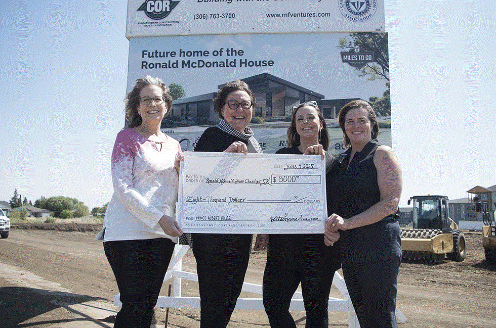 Jason Kerr/Daily Herald From left to right, Watsonairs treasurer Kathy Donahue, president Louise Kirzinger, and director Amy Robinson present an $8,000 cheque to Ronald McDonald House Charities Saskatchewan CEO Tammy Forrester.