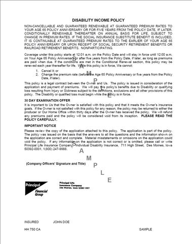 Sample policy thumbnaiil for Principal disability income insurance, policy form HH750 CA