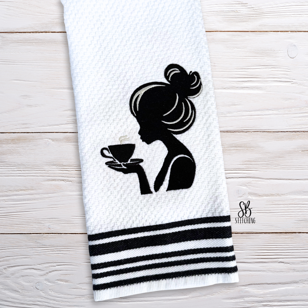 Girl Drinking Coffee Machine Embroidery Design