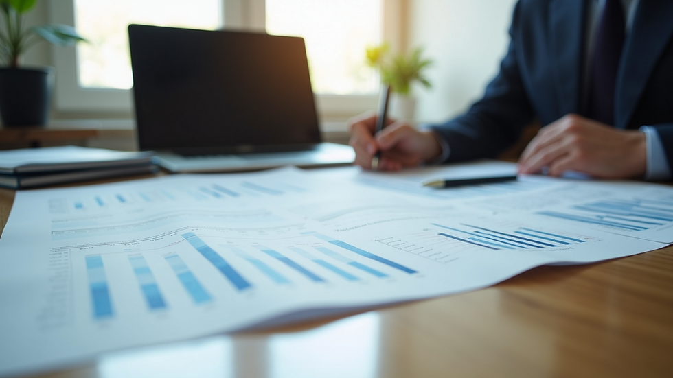 Eye-level view of a neat desk with organized financial documents and a laptop