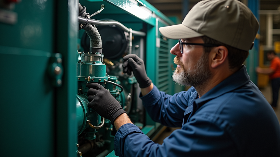 high angle view of a technician performing maintenance on a generator
