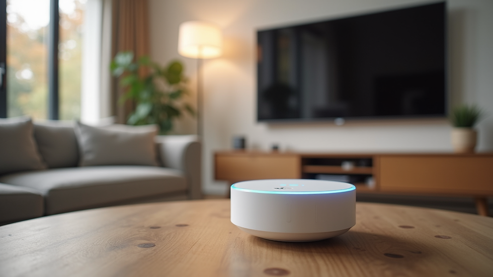 Eye-level view of a modern living room with smart home devices