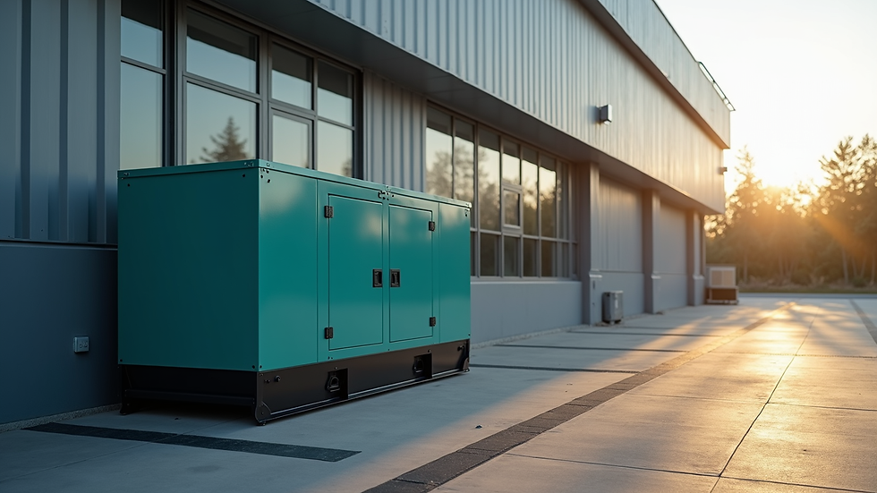 wide angle view of a modern generator installed outside a commercial building