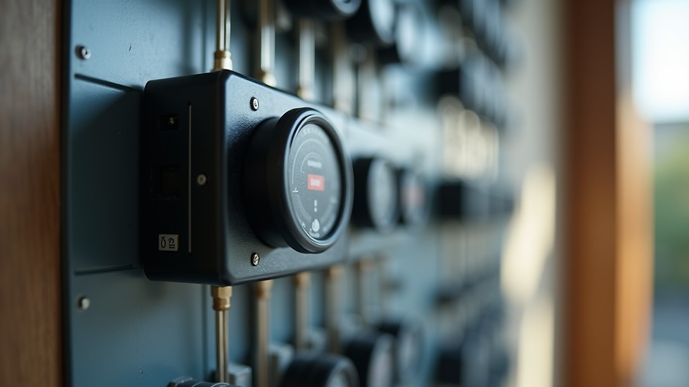 Eye-level view of a modern voltage regulator device installed in a home electrical panel