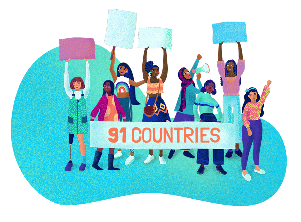 A group of young feminist activists stand with banners.