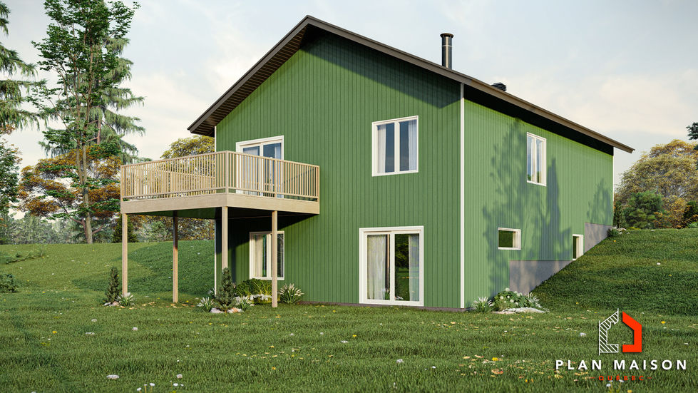Élévation droite d’une maison avec sous-sol aménagé et balcon