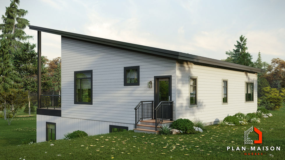 Vue arrière d’un chalet contemporain avec grandes fenêtres et revêtement noir