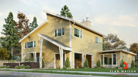 Vue arrière de maison rénovée avec revêtement contemporain