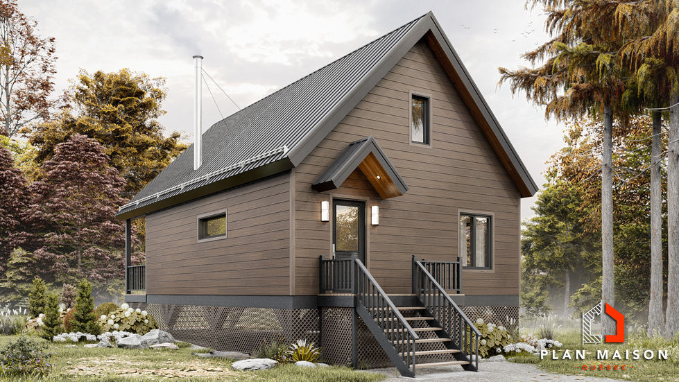 Vue arrière d’un chalet rustique sur pieux avec grandes fenêtres et mezzanine