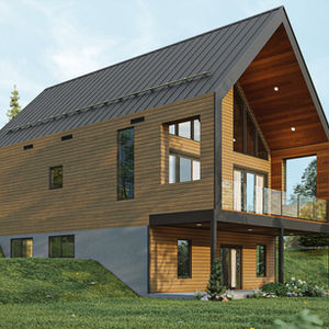 Façade avant d’un chalet avec mezzanine et rez-de-jardin