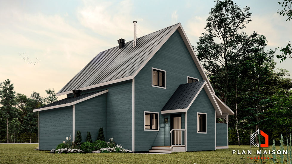 Vue 3D arrière maison avec balcon en bois sur pieux