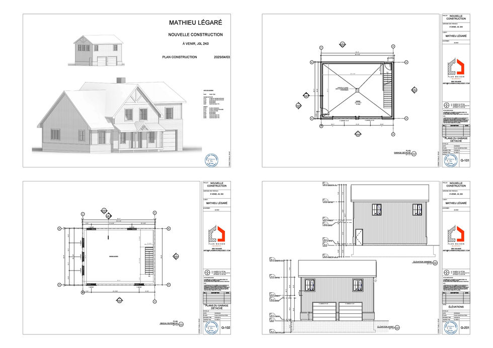 Plan architectural maison avec sous-sol et garage séparé